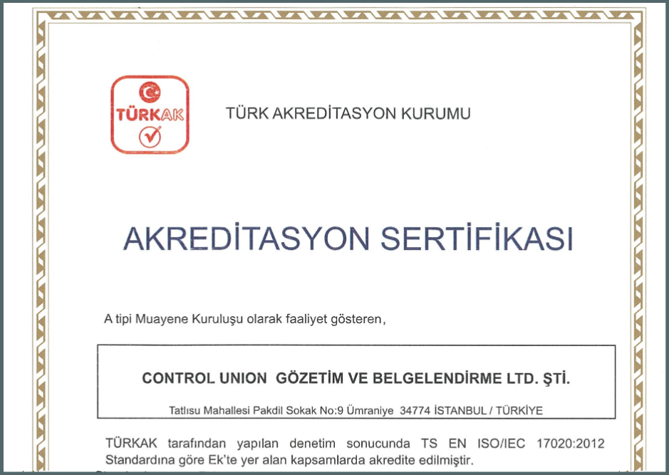 Türkak (Türkiyə Akkreditasiya Təşkilatı) tərəfindən TS EN ISO/IEC 17020:2012